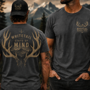 Charcoal hunting shirt featuring distressed whitetail antlers, mountain scenery, and Mystical Morning Peaks outdoor logo on front and back.