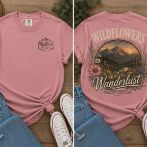 Rose colored Wildflowers & Wanderlust graphic t-shirt with Mystical Morning Peaks logo on front chest and vibrant mountain wildflower sunset artwork on the back, styled with jeans and casual sneakers.