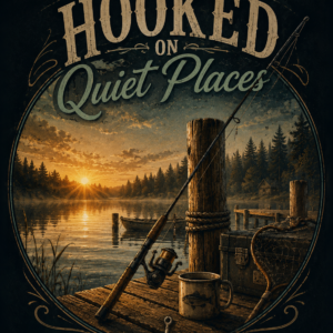 Front and back mockup of a unisex outdoor lifestyle graphic t-shirt featuring a vintage-inspired fishing lake scene with the phrase “Hooked on Quiet Places” on the back and a small Mystical Morning Peaks mountain logo on the front chest.