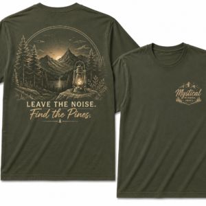 Graphic t-shirt featuring a detailed mountain and forest landscape design with rustic outdoor scenery, vintage adventure styling, and inspirational wilderness-themed lettering on the back, paired with a small matching chest logo on the front.