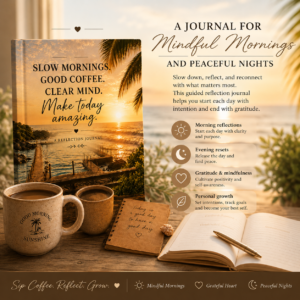 Mindfulness reflection journal mockup featuring the “Slow Mornings. Good Coffee. Clear Mind.” journal beside cozy coffee mugs and open reflection pages with a peaceful beach sunrise background.
