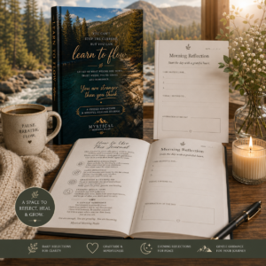 Learn to Flow mindful healing journal mockup featuring a guided reflection journal with calming mountain river artwork, cozy coffee mug, candlelight, and open mindfulness pages designed for gratitude, self-care, and personal growth.