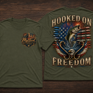 Patriotic fishing t-shirt featuring a small outdoor mountain logo on the front chest and a bold back graphic with a bass fish, eagle, fishing hooks, fireworks, and flag-inspired fishing lure artwork with the phrase “Hooked On Freedom.”