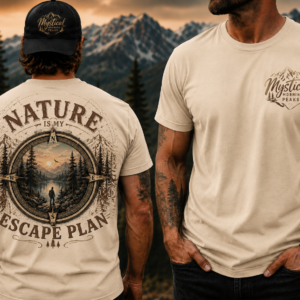 Front and back mockup of a cream-colored Mystical Morning Peaks outdoor lifestyle t-shirt featuring a vintage compass mountain design with the phrase “Nature Is My Escape Plan” on the back and a small Mystical Morning Peaks logo on the front chest, photographed against a rugged mountain landscape.