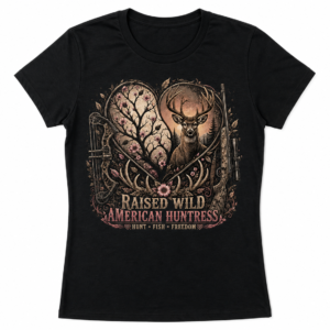 Raised Wild American Huntress Shirt – Deer Hunting Graphic Tee for Women