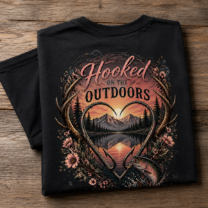 Hooked on the Outdoors Mountain Lake Graphic Tee | Mystical Morning Peaks Back Print Shirt