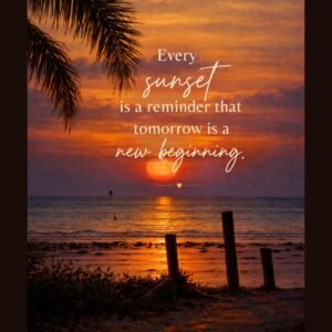 Inspirational coastal sunset printable wall art featuring ocean photography and quote about new beginnings