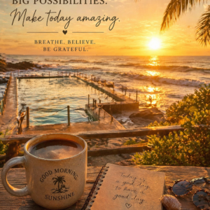 Coastal sunrise wall art with coffee cup and motivational quote printable
