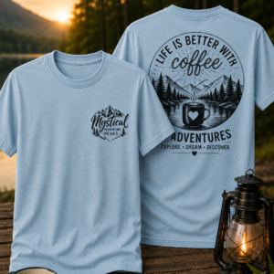 Front and back mockup of a Mystical Morning Peaks unisex graphic t-shirt featuring a small left chest logo and a large outdoor coffee adventure design on the back with mountains, pine trees, and a camping mug. Displayed in a rustic outdoor setting. Front and back mockup of a Mystical Morning Peaks unisex graphic t-shirt featuring a small left chest logo and a large outdoor coffee adventure design on the back with mountains, pine trees, and a camping mug. Displayed in a rustic outdoor setting.