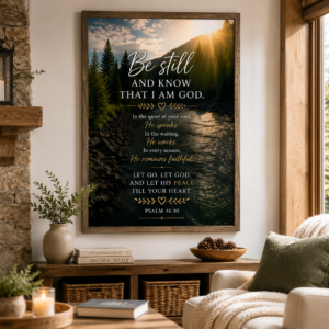 A peaceful mountain river at sunrise featuring the Bible verse "Be Still and Know That I Am God" from Psalm 46:10 in elegant typography. Inspirational Christian printable wall art digital download.
