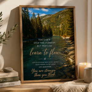 Inspirational mountain river printable wall art featuring the quote "You Can't Stop the Current, But You Can Learn to Flow" in elegant typography. High-resolution digital download for home, office, or gift.