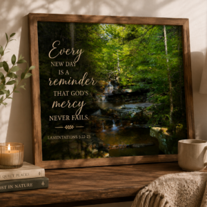Christian printable wall art featuring a peaceful forest waterfall and the Scripture-inspired quote "Every New Day Is a Reminder That God's Mercy Never Fails" from Lamentations 3:22–23. Inspirational digital download for home décor.