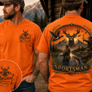 Man wearing a bright orange Mystical Morning Peaks outdoor T-shirt featuring a detailed hunting and fishing sportsman graphic on the back and a deer mountain logo on the front left chest, photographed at a rustic mountain cabin.