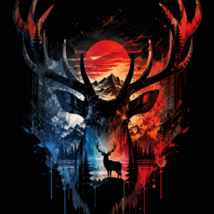 Mystical Morning Peaks unisex hunting t-shirt featuring a front chest logo and a large back graphic of a majestic whitetail buck with mountains, forest, and sunset artwork.