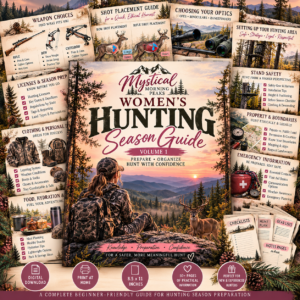 Women’s Hunting Season Guide Volume 1 digital printable by Mystical Morning Peaks featuring hunting preparation, weapon choices, optics, shot placement, safety and checklists.