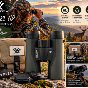 Vortex Crossfire HD 10x42 binoculars with GlassPak harness, shown with a woman viewing mountain wildlife at sunset, highlighting waterproof HD optics and outdoor features.