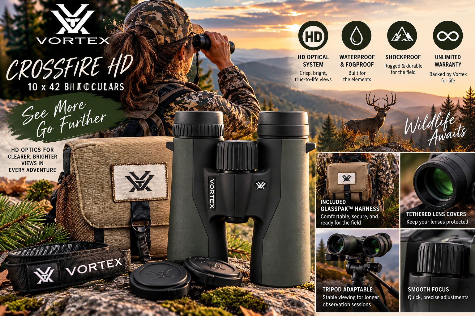 Vortex Crossfire HD 10x42 binoculars with GlassPak harness, shown with a woman viewing mountain wildlife at sunset, highlighting waterproof HD optics and outdoor features.