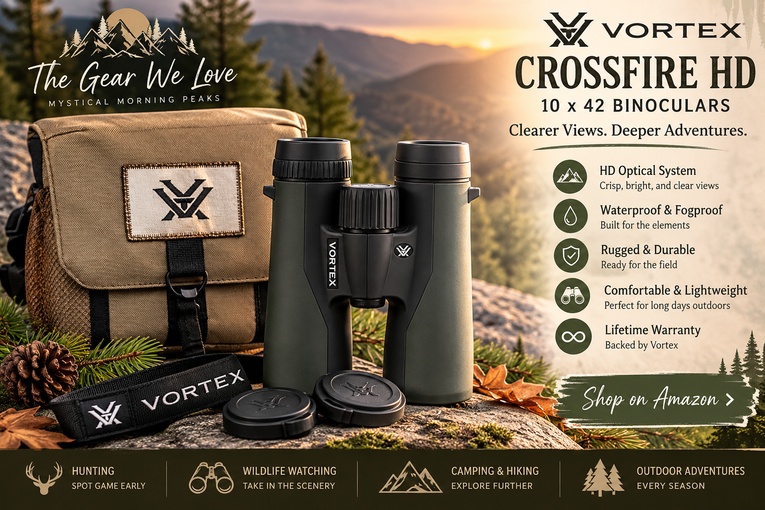 Vortex Crossfire HD 10x42 binoculars with GlassPak harness, shown with a woman viewing mountain wildlife at sunset, highlighting waterproof HD optics and outdoor features.