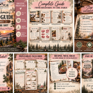 Women’s Hunting Field Guide Volume 3 digital printable featuring after-the-shot recovery, tracking, field dressing, processing, freezer storage, venison recipes, checklists and harvest records.