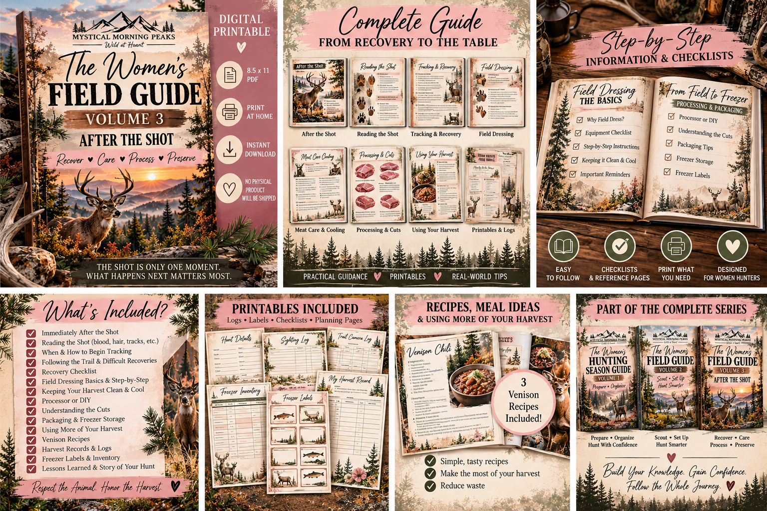 Women’s Hunting Field Guide Volume 3 digital printable featuring after-the-shot recovery, tracking, field dressing, processing, freezer storage, venison recipes, checklists and harvest records.