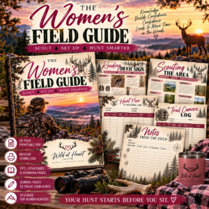 The Women’s Field Guide printable hunting guide and journal for women featuring scouting tips, deer sign, trail camera logs, hunt planning and field notes.